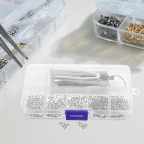 Glasses Repair Kit With Eyeglasses Screwdriver And 527 Pieces Screws Nose Pads For Sunglasses And Eyeglasses Maintenance Portable Vision Care Toolkit For Spectacle Parts On The Go, featuring organized screws and tools in a clear case.