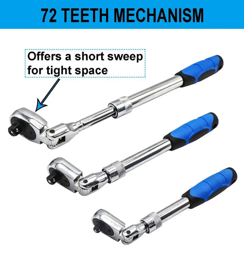 Extendable Ratchet Set Three Piece With Long Reach Handles And 72 Tooth Flex Head Quick Release Locking Ratchets For 1 Quarter Inch 3 Eighth Inch And 1 Half Inch Drives Built For Tight Spaces And Angled Work, shown with flex heads and blue handles.