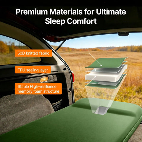 Self Inflating Sleeping Pad With Built In Foot Pump 3 Inch Foam Memory Hybrid Mattress materials and layers on car camping pad