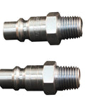 One Quarter Inch MNPT H Style Quick Connect Air Fitting Plug Kit Box Of 10 For Air Compressors With Buna N Seals And Rust Resistant Case Hardened Steel Great For Quick Change On The Job And Compatible With Most Manufacturers, close-up view showing metal connectors