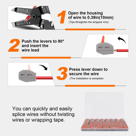 90 Piece Lever Wire Connectors Kit For Quick Wire Splice Push In No Fuss Easy Install 2 3 5 Conductor Options shown in steps
