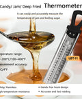 Candy Thermometer With Pot Clip Instant Read Six Stage Deep Fry And Candy Making Gauge in use measuring sugar temperature.
