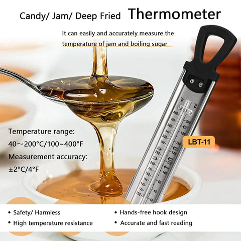 Candy Thermometer With Pot Clip Instant Read Six Stage Deep Fry And Candy Making Gauge in use measuring sugar temperature.