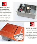 Mini Dual Motor Table Saw With 360W For Hella Precise Woodworking Cuts and Sweet Home Shop Projects Featuring Badass Aluminum Alloy Platform Setup Now showing dual motor design and 14 cm panel.