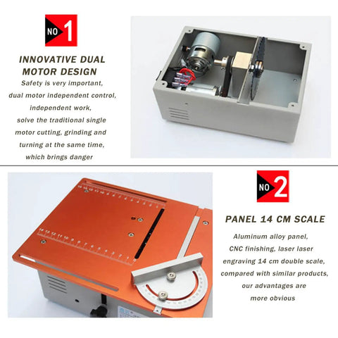 Mini Dual Motor Table Saw With 360W For Hella Precise Woodworking Cuts and Sweet Home Shop Projects Featuring Badass Aluminum Alloy Platform Setup Now showing dual motor design and 14 cm panel.
