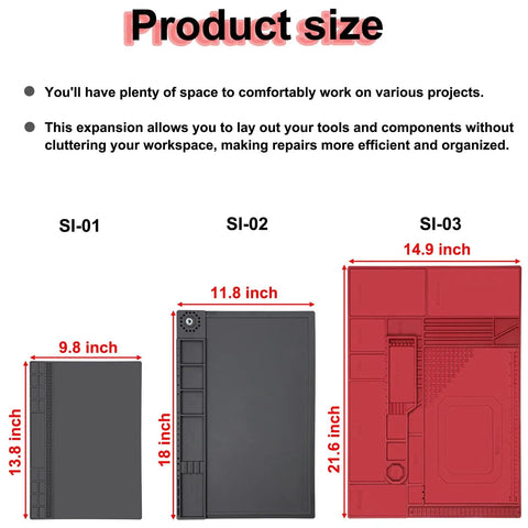 Product size comparison of Pro Grade Silicone Soldering Mat With 932 Fahrenheit Heat Resistance, Expanding Repair Area And Magnetic Work Zone.
