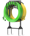 Heavy Duty Metal Freestanding Hose Holder That Holds Two 150 Ft Hoses Rustproof Garden Hose Storage With Four Spikes Durable Outdoor Organizer For Yard Lawn Farm, displaying hoses neatly coiled.