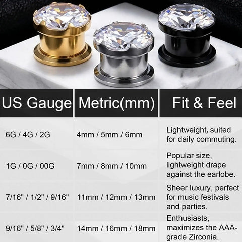 316L Stainless Steel Screw In Ear Tunnels With AAA Plus Cubic Zirconia Gems Sparkling Gauges That Look Dope For Everyday Wear Or Special Occasions Hypoallergenic Piercing Jewelry That Stays Comfortable And Secure., 6G 4G 2G sizes, gold silver and black