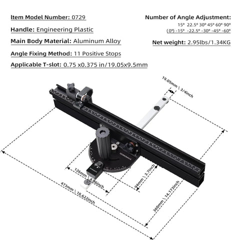 Professional Portable Miter Gauge For Table Saw With 18 Inch Fence And Quick Release Flip Stop, Nail On Perfect Crosscuts And Smooth Angle Cuts Every Time, Carpenter Approved Rig For 3/4 By 3/8 Slots, made of aluminum alloy with 11 positive stops.