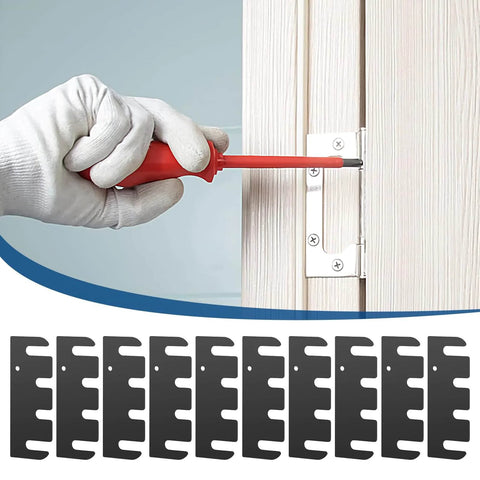 Ten Piece Door Hinge Filler Plates Kit With Stainless Steel Spacers 4x1.5 Inch Adjustable For Cabinet Repair DIY Friendly Rust Resistant Gap Filler For Kitchen And Home Improvement shown with installation on door hinge
