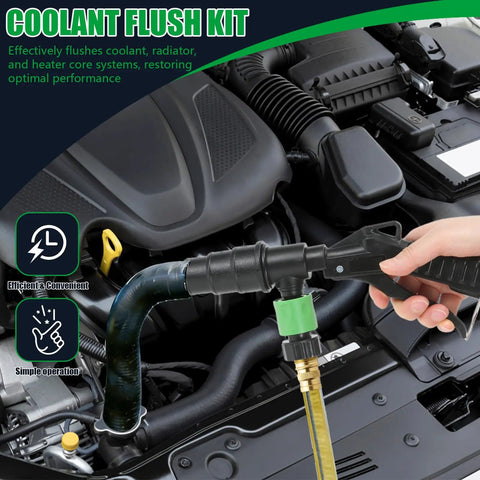 Heavy Duty Radiator Coolant Flush Gun With Manual Twin Pump To Blow Out Stubborn Buildup And Rust From Heater Cores And Entire Cooling System For A Smooth Running Rig in use on car engine.