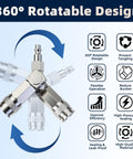 Diagram of All In One 2 Way Air Hose Splitter Kit with 360 degree swivel features, nickel plated fittings, and benefits icons.