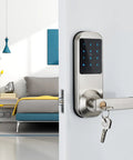 Bluetooth Digital Door Lock With Code Card And App Unlock Works With Alexa Voice Control Hub Required Mechanical Key And Keypad Access 150 User Codes 200 Card Memory Unlimited App Users Lit Keypad on a white door in modern bedroom.