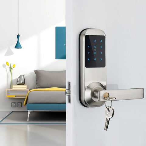 Bluetooth Digital Door Lock With Code Card And App Unlock Works With Alexa Voice Control Hub Required Mechanical Key And Keypad Access 150 User Codes 200 Card Memory Unlimited App Users Lit Keypad on a white door in modern bedroom.
