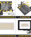 JUDYSSY Security Lights Induction Led Flood Light with Adjustable Pir Sensor, Warm,150W，Nature-10W，Nature-10W showing heat dissipation and adjustable stand features.