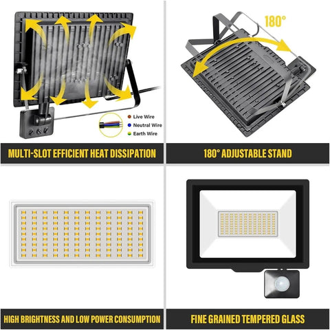 JUDYSSY Security Lights Induction Led Flood Light with Adjustable Pir Sensor, Warm,150W，Nature-10W，Nature-10W showing heat dissipation and adjustable stand features.