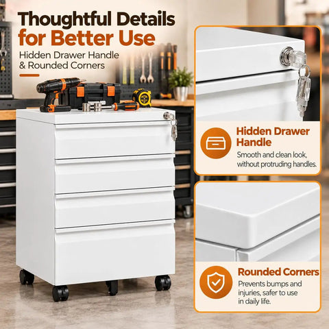 Built Tough As Nails Three Drawer Rolling Tool Chest With Swivel Wheels And Heavy Duty Locks Slick White Steel Shop Organizer features hidden drawer handle.
