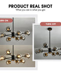 Eight-Light Glass Globe Sputnik Chandelier Matte Black And Gold Dope Modern Vintage Pendant Light For Dining Room, Kitchen, Bedroom Or Farmhouse - Adjustable Height With Multiple Rods, Statement Ceiling Fixture with smoke gray globes shown in on and off positions.