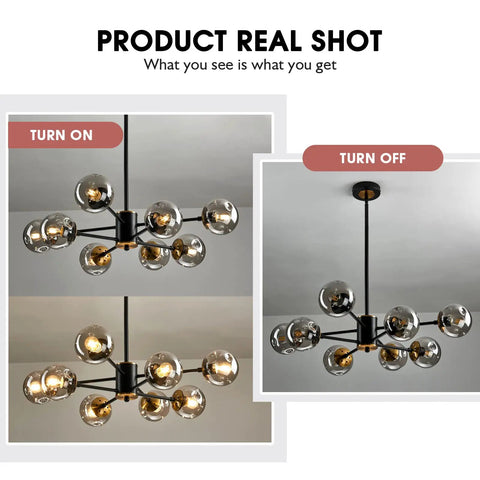 Eight-Light Glass Globe Sputnik Chandelier Matte Black And Gold Dope Modern Vintage Pendant Light For Dining Room, Kitchen, Bedroom Or Farmhouse - Adjustable Height With Multiple Rods, Statement Ceiling Fixture with smoke gray globes shown in on and off positions.
