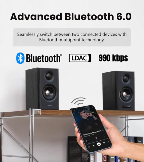 Dope 2.1 Bluetooth Speaker System showcasing Bluetooth connectivity with smartphone in hand, emphasizing advanced Bluetooth 6.0 feature.