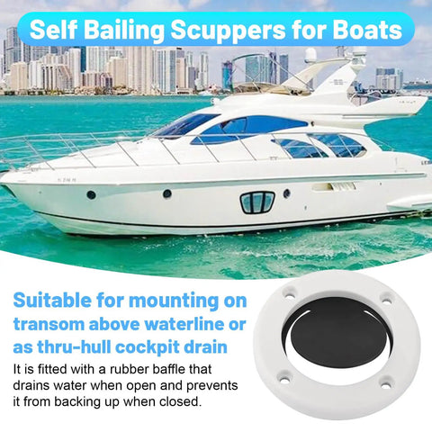 Boat with Self Bailing Cockpit Scupper Valve Kit For Boats With 2 7 8 Inch Rubber Flapper Valve And Gasket seen on transom above waterline