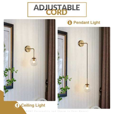 Mid Century Modern Globe Wall Sconce In Brushed Brass Gold With Clear Glass Bubble Ball Bathroom Vanity Bedside Light Fixture Vintage Style Wall Lighting For Living Room, adjustable cord feature