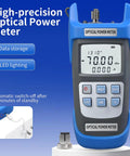 Blue handheld optical power meter with LCD readout showing -70.00 dBm and FC-LC adapter