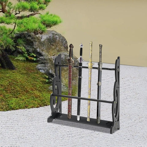 Six Hole Floor Standing Sword Display Rack with swords, black, in a natural setting; heavy duty katana holder, home or dojo.