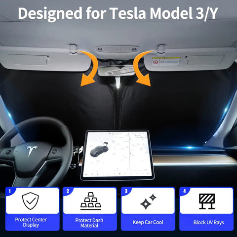 Tesla Model 3 Y Sun Shade Upgraded Foldable Front Sunshade With Light Blocking UV Protection Fabric Custom Fit For Juniper 2016 To 2026 installed inside car
