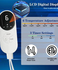 Double Sided Electric Foot Warmer With LCD Display And Auto Shut Off, showing control panel with 9 heat settings and 3 timers