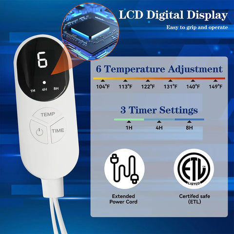 Double Sided Electric Foot Warmer With LCD Display And Auto Shut Off, showing control panel with 9 heat settings and 3 timers