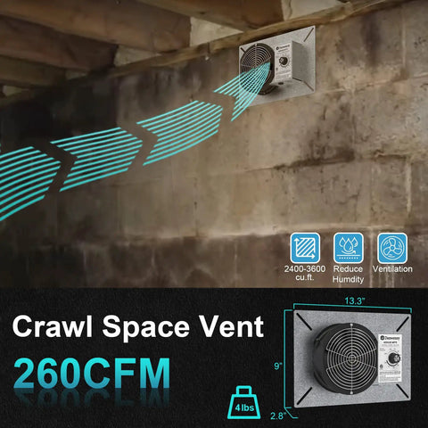 260CFM Crawl Space Ventilator Fan With Humidistat And Dehumidistat, 6.7 Inch Vent shown installed in a basement wall