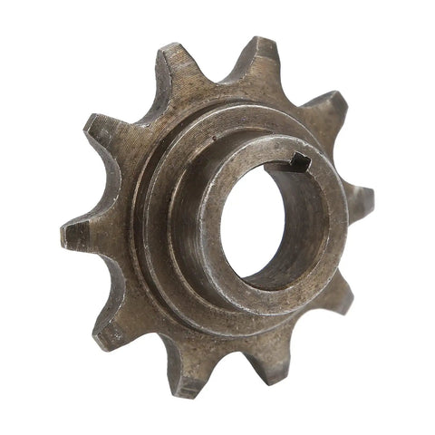 Front Sprocket For 415 Chain With Ten Teeth Iron Alloy Build For 2 Stroke Motorized Machines, showing metal construction and teeth.