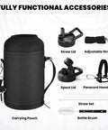 Legit 64 Oz Insulated Water Bottle Triple Wall Vacuum Stainless Steel with carrying pouch, straw lid, spout lid, and accessories.
