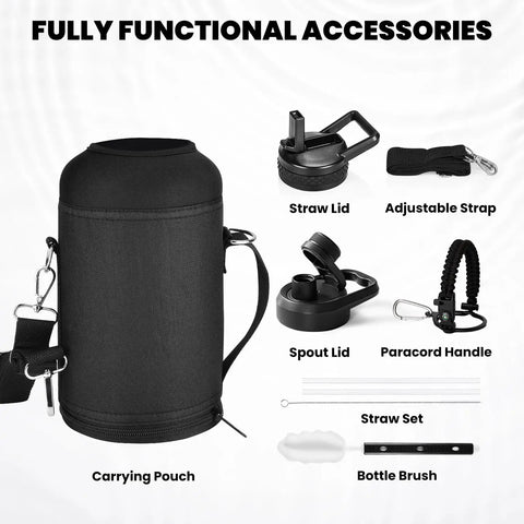 Legit 64 Oz Insulated Water Bottle Triple Wall Vacuum Stainless Steel with carrying pouch, straw lid, spout lid, and accessories.