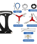 Components of 8 Piece Bicycle Spoke Tension Meter Wrench Set with Tire Levers and Tools for Quick On The Go Bike Repairs