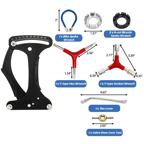 Components of 8 Piece Bicycle Spoke Tension Meter Wrench Set with Tire Levers and Tools for Quick On The Go Bike Repairs