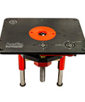 Universal Router Lift Mast-R-Lift II with built-in locking system for above-table bit changes, red and black design.