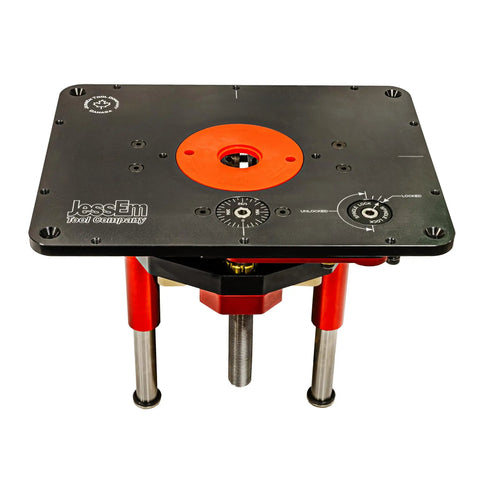 Universal Router Lift Mast-R-Lift II with built-in locking system for above-table bit changes, red and black design.
