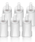 Six Pack No Fuss Replacement Water Filters For Breville And Sage Espresso Machines Compatible With Barista Touch Pro Oracle Dual Boiler Bambino Beb Filter Cartridge, white cartridges in a row.