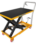 Heavy Duty Hydraulic Scissor Lift Table Cart 330 Lb with black top, yellow frame and casters for shop equipment movement.