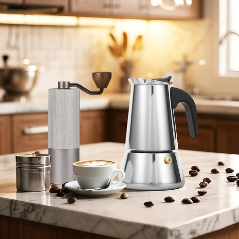Four Cup Moka Pot Stovetop Espresso Maker In 304 Stainless Steel Induction Compatible Silver Finish on kitchen counter
