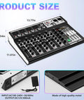 Six Channel Bluetooth Audio Mixer With USB Playback, 16Bit DSP Reverb, 48V Phantom Power, 3Band EQ on table with dimensions