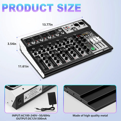 Six Channel Bluetooth Audio Mixer With USB Playback, 16Bit DSP Reverb, 48V Phantom Power, 3Band EQ on table with dimensions