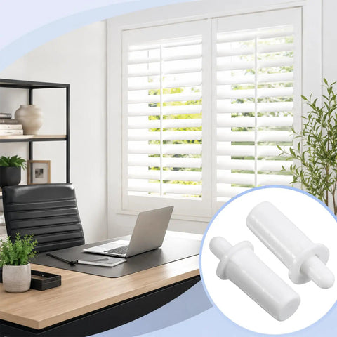 100 Count White Spring Loaded Shutter Pins Quick Snap Hardware For Plantation Window Shades with desk and window background.
