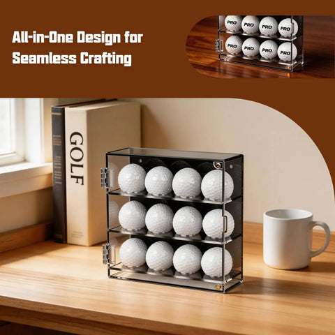 12 Slot Wall Mounted Acrylic Display Case For Baseballs And Golf Balls, Magnetic Front Door, on a wooden desk in office