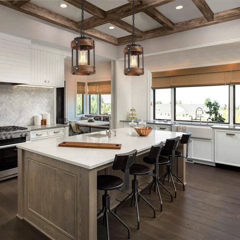 Rustic Farmhouse Pendant Lights Two Pack In Solid Oak And Matte Black Metal Cages With Long Adjustable Chains over kitchen island.