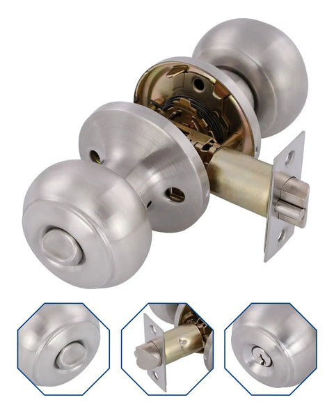 Keyed Alike Deadbolt and Door Knob Set with Single Cylinder Lock in Satin Nickel Finish for Front Door, Latch and Details View