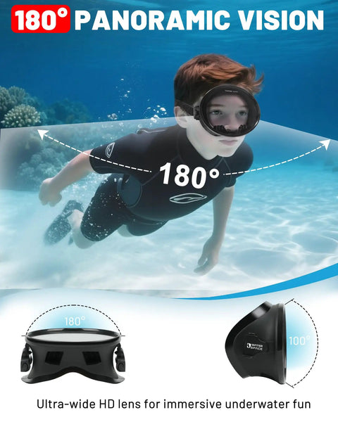 Child wearing Dope Anti Fog 180 Degree View Diving Mask showing wide 180° panoramic lens underwater