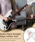 Person playing electric guitar with 8 Piece Guitar Neck Straight Edge Kit With Notched Straight Edge, Fret Rocker, Fret File shown